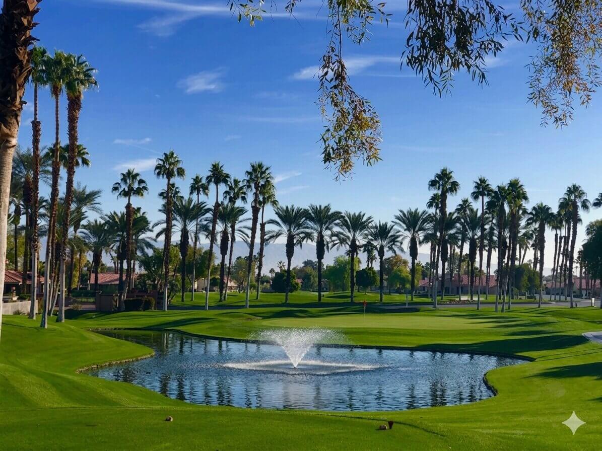 Golf course with fountain and pond