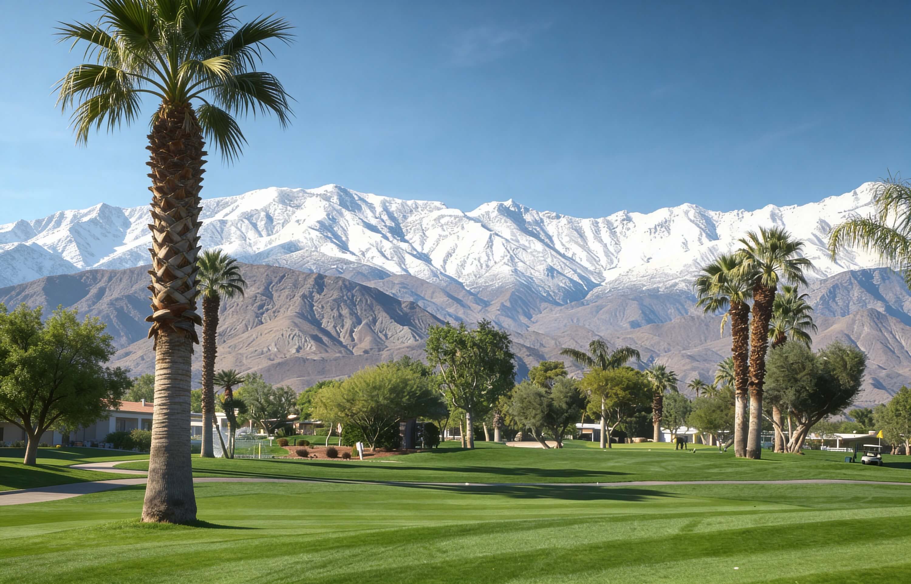 Golf course with snow-capped mountain views